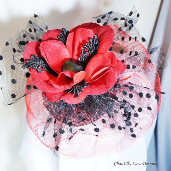 New Red Velvet Flower Black Polka Dot Fascinator - Picture 2 of 3